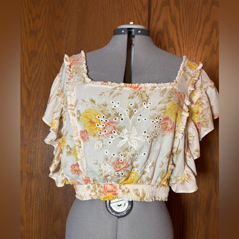 American Eagle Outfitters Cream Floral Embroidered Cropped Blouse
